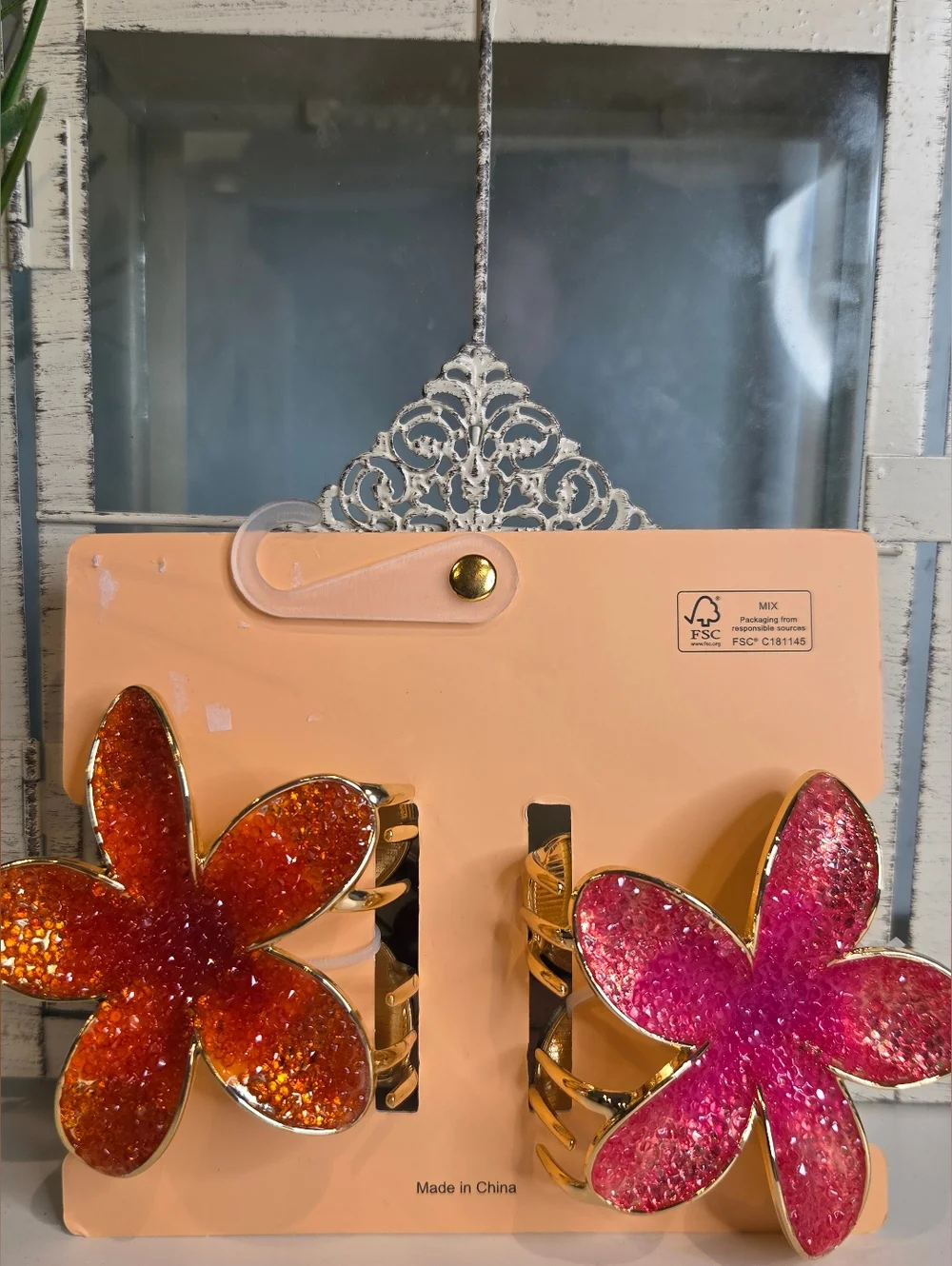 Piper K Metal Flower Hair Clips - Pink & Orange - Picture 4 of 5